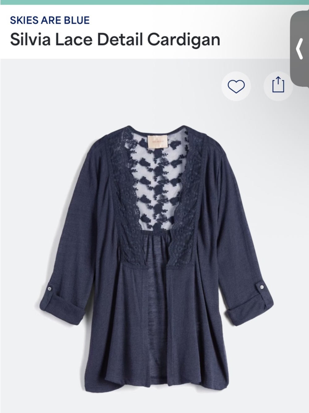 Skies Are Blue Navy Lace-Back Open Cardigan